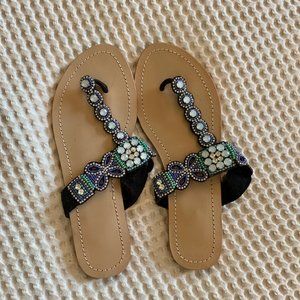 All-leather jeweled slip-on sandals